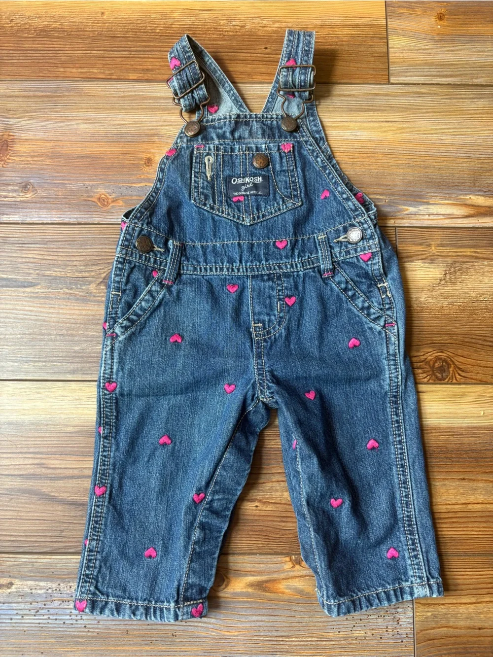 OshKosh B'gosh Dark Blue Denim Overalls with Pink Heart Accents